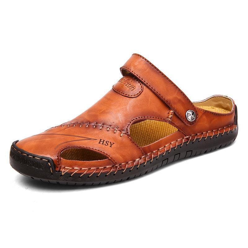 Men Hand Stitching Soft Outdoor Closed Toe Leather Casual Sandals