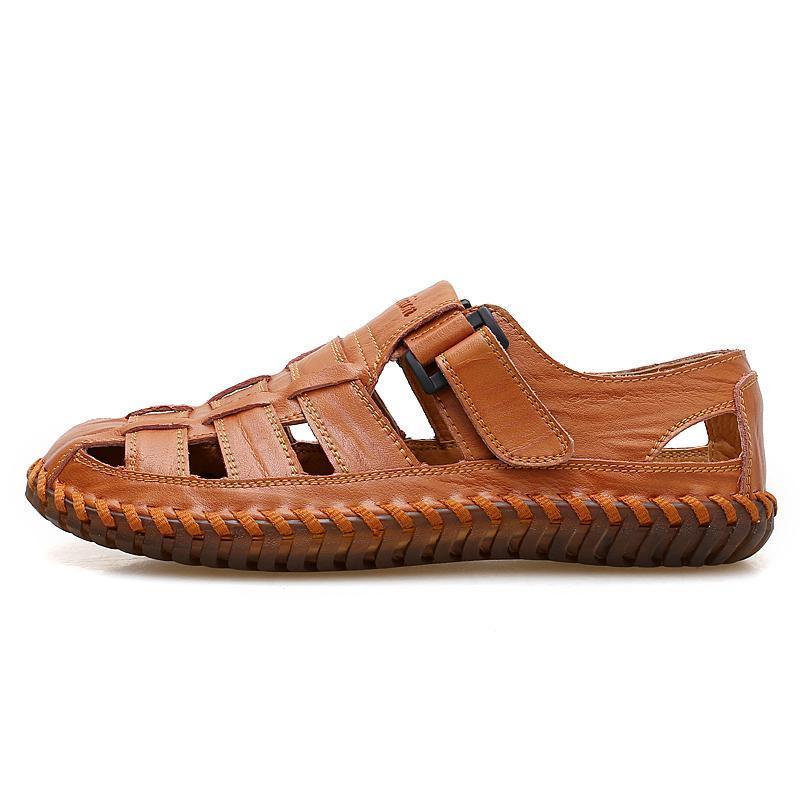 Men Soft Cow Leather Hand Stitching Hook Loop Sandals