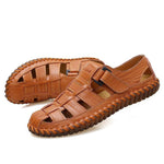 Men Soft Cow Leather Hand Stitching Hook Loop Sandals