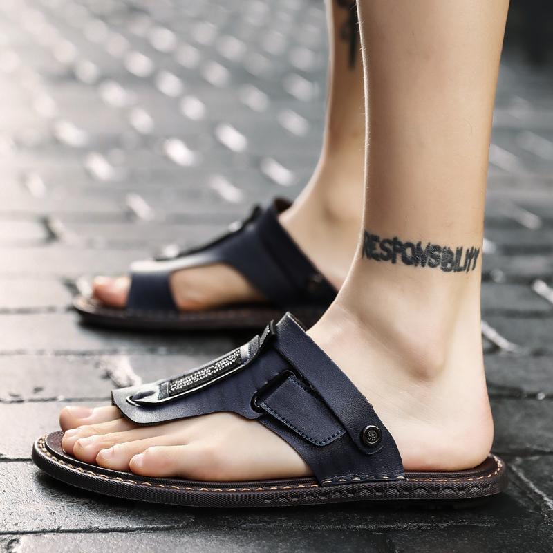 Mens Sandals Slippers Slip On Flip Flops for Men Shoes Leather Toe Ring Style Beach  125023