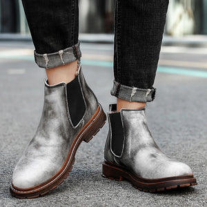 Men's Genuine Leather Chelsea Ankle Boots Retro Casual British Martin Boots Men Slip On Shoes