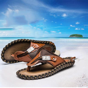Men's Flip Flops Genuine Leather Sandals Summer Beach Casual Slippers Flats Slip-on Slipper