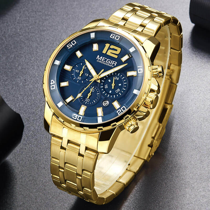 Men's Gold Stainless Steel Quartz Watches Business Chronograph Analgue Wristwatch Waterproof Luminous