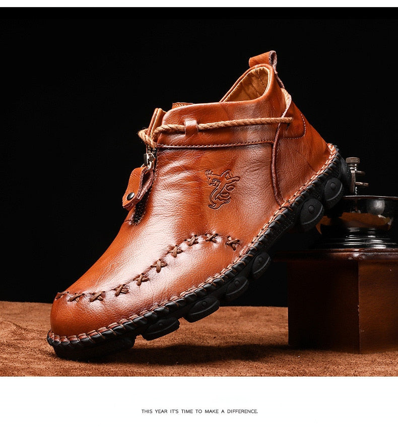 Handmade Genuine Leather Men Boots Fashion Zipper Shoes Male Cow Leather Man Brown Ankle Boots