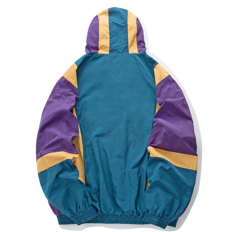 Streetwear Vintage Color Block Hooded Windbreaker Jacket