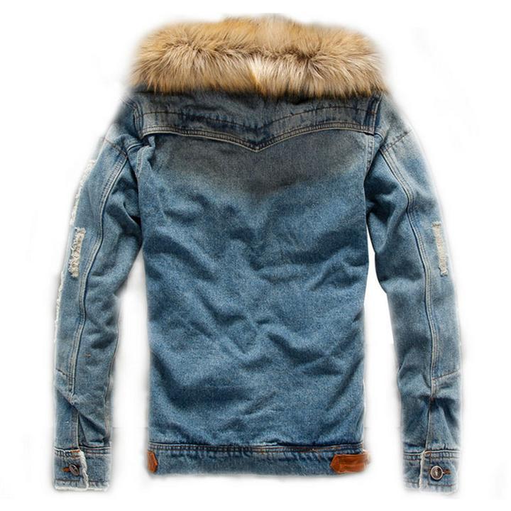 Men's Winter Warm Denim Jacket Heavy Hair Collar Casual Cowboy Coat